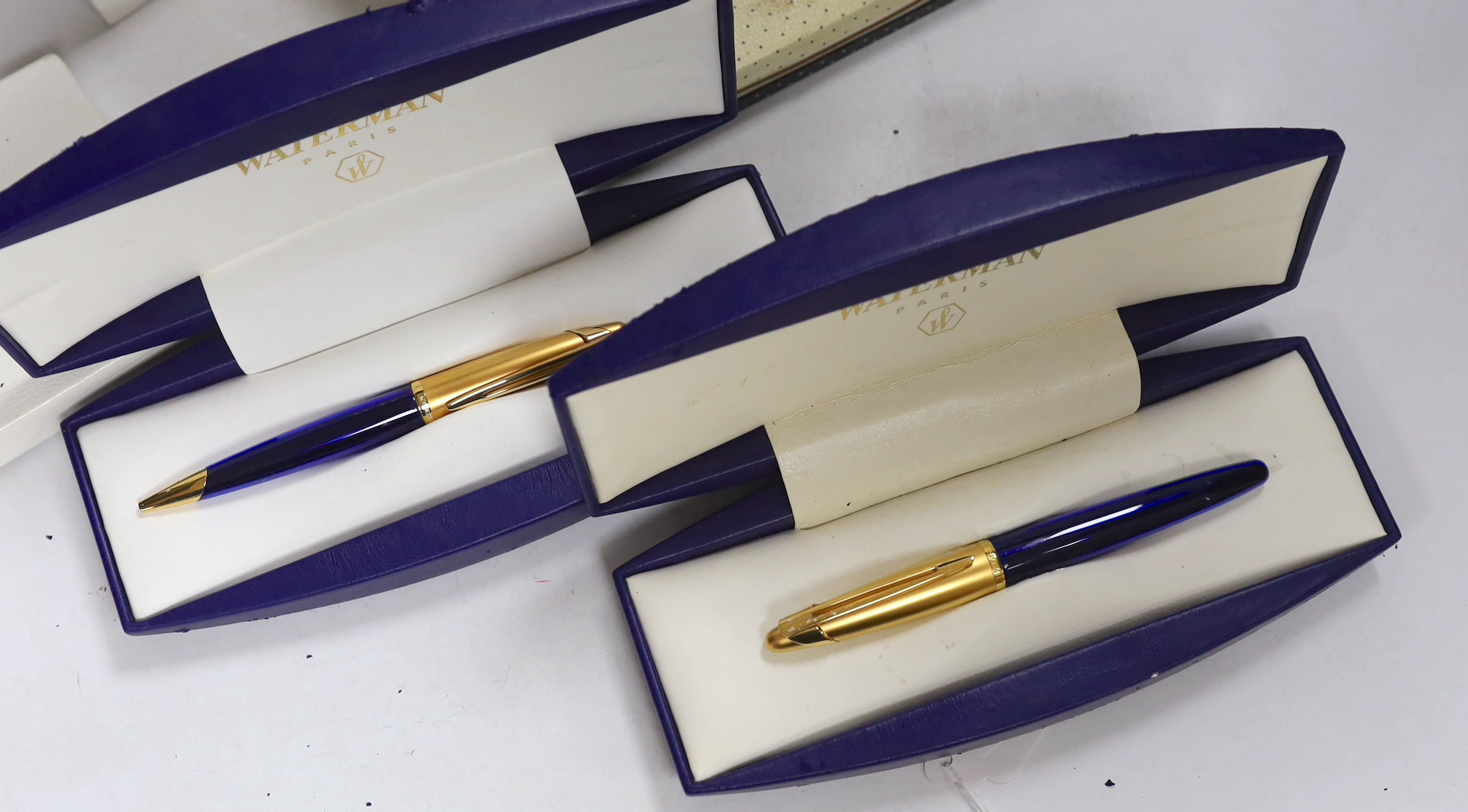 Two Waterman pens; a ball point and a fountain pen, a Montblanc fountain pen and a Parker fountain pen (4)